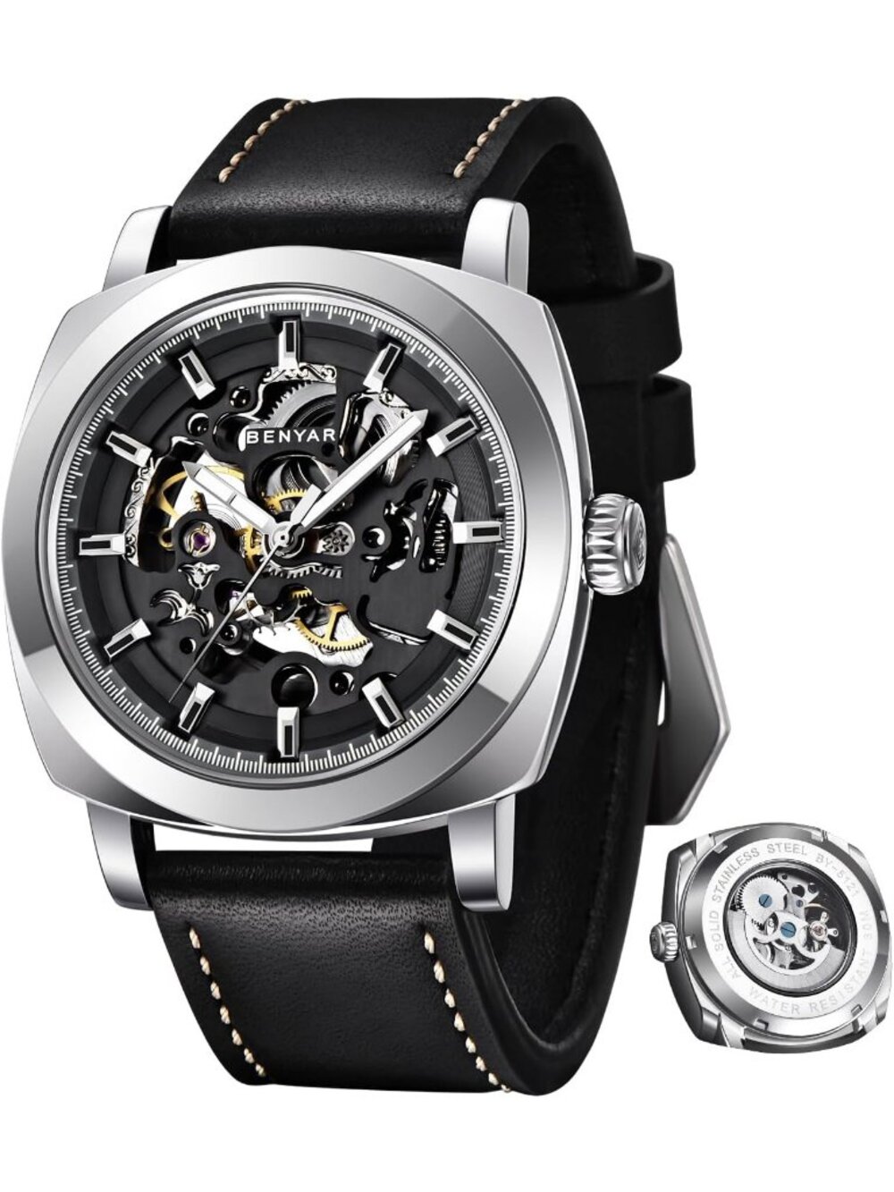Men's Silver Black Leather Strap Skeleton Dial Mechanical Automatic Wrist Watch